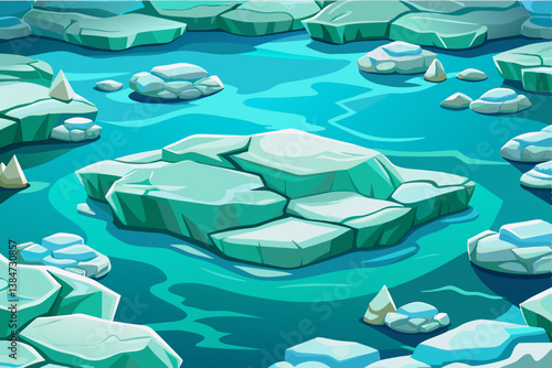 Frozen ocean vector from above with drifting ice floes and pale arctic colors, icy landscape