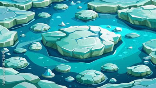 Frozen ocean vector from above with drifting ice floes and pale arctic colors, icy landscape