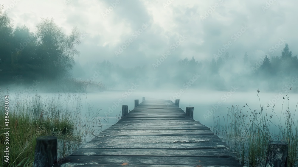 Naklejka premium Misty lake pier, foggy forest background, serene