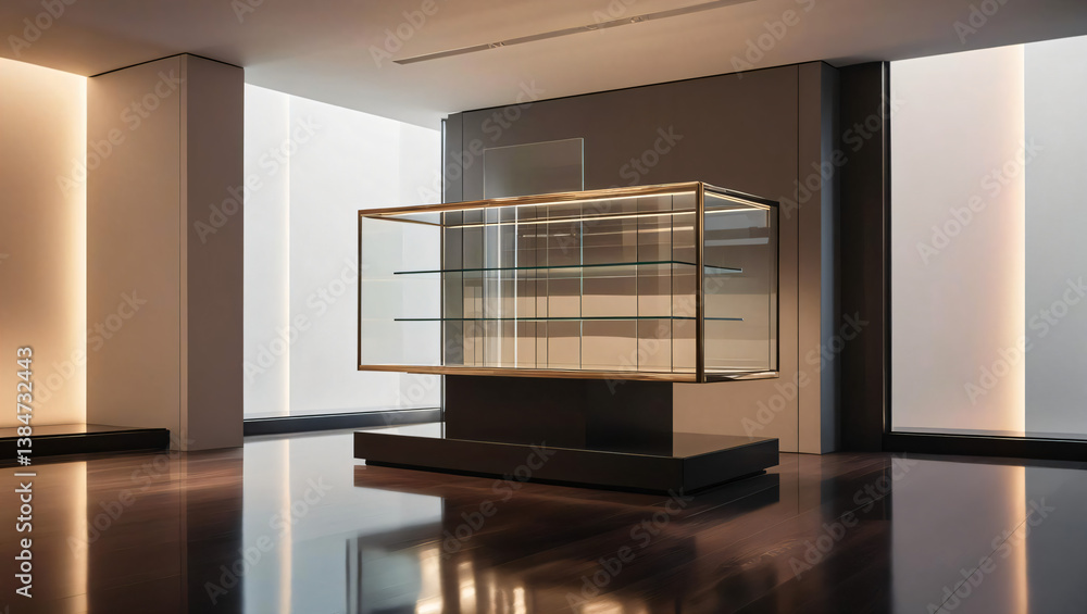 Fototapeta premium a modern glass display surrounded by minimalistic architecture showcasing a sleek wooden floor and soft ambient lighting