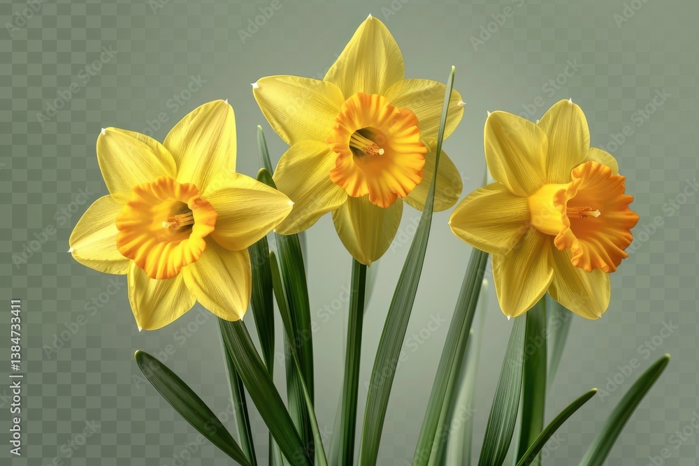 Bright yellow daffodils in full bloom against a soft green background Bright yellow daffodils in full bloom against a soft green background