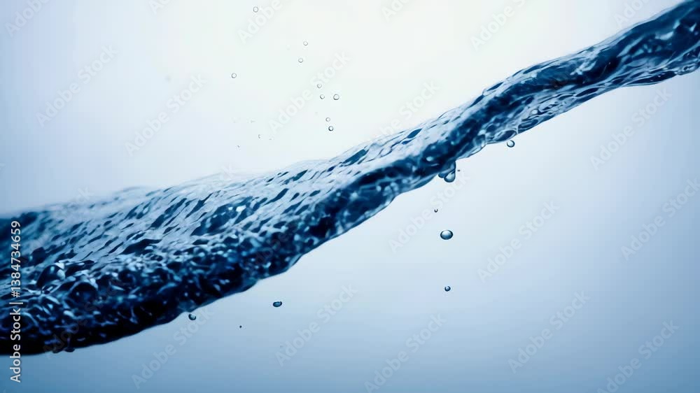 clean blue stream of splashing water flowing with motion against white background refreshing dynamic movement high speed nature fresh hydration fluid force