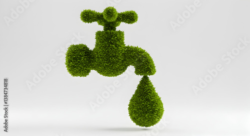 Vibrant Green Leaf Tap with Dripping Water Drop Emphasizing Environmental Conservation on Clean White Background