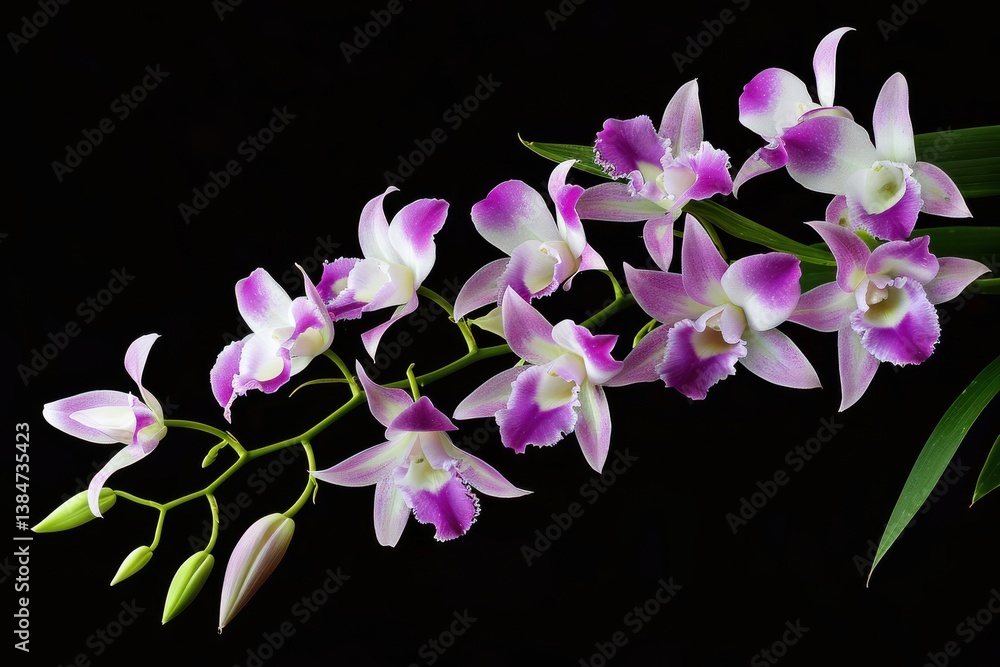 Beautiful purple orchids in full bloom against a black background showcasing their vibrant colors and delicate petals Beautiful purple orchids in full bloom against a black background showcasing their vibrant colors and delicate petals