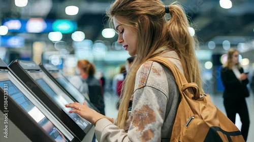 Female traveler checking in at self-service desk in busy airport terminal during daytime, Female Traveller check-in at self help desk in the airport