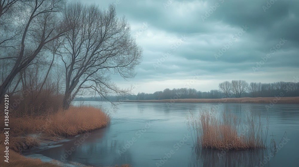Fototapeta premium Riverbank trees, moody sky, winter landscape, tranquil scene, nature backdrop