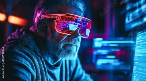 An elderly man engages with futuristic technology. The concept of how technology bridges generational gaps and enhances accessibility for all ages. Generative AI.
