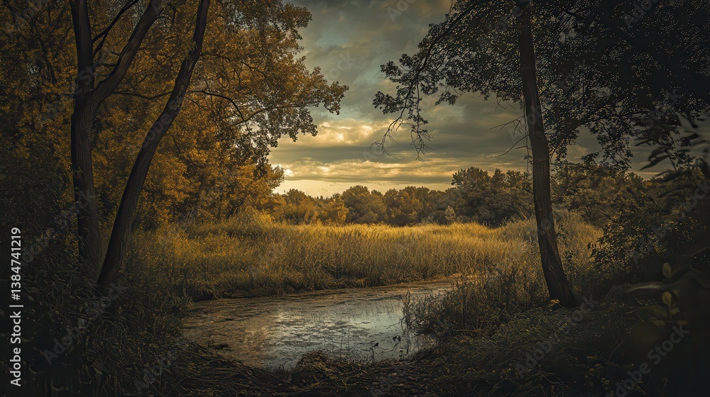 Serene autumn forest pool, sunset sky Serene autumn forest pool, sunset sky