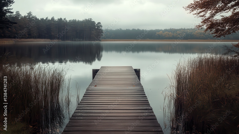 Obraz premium Serene autumn lake pier, misty forest background, peaceful reflection, travel poster