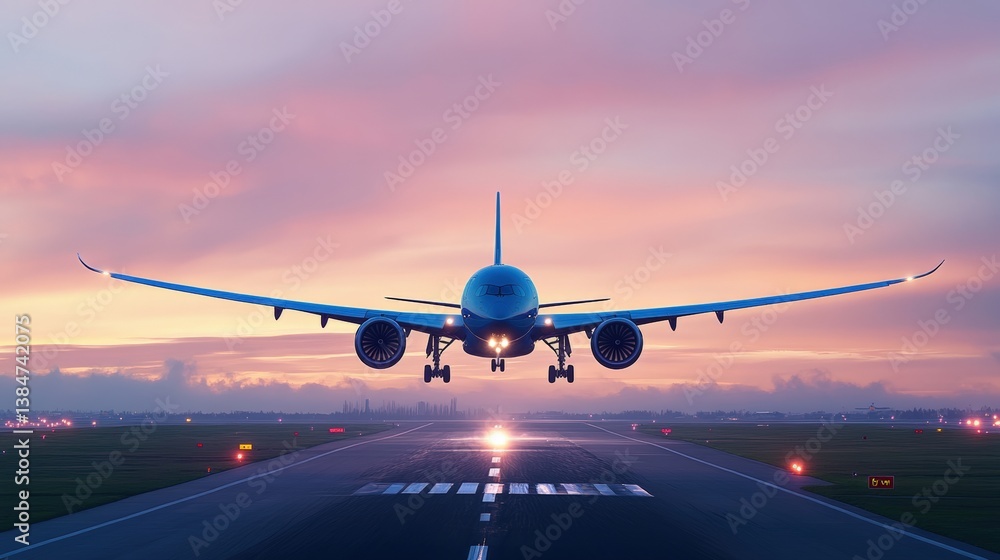 An airplane approaches for landing at sunset, casting a silhouette against a colorful sky and illuminating the runway lights below. An airplane approaches for landing at sunset, casting a silhouette against a colorful sky and illuminating the runway lights below.