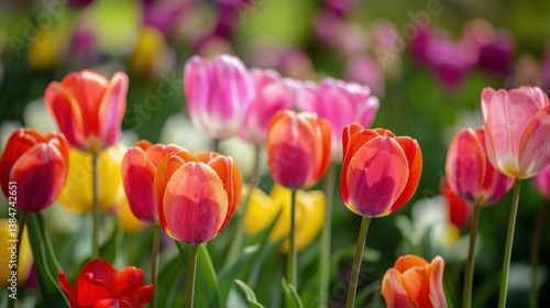 Bright tulip flowers filling the background of a garden. stock photo --ar 16:9 --style raw --v 6 Job ID: 3076f134-052d-4e5c-86f4-63b4a22f9abf