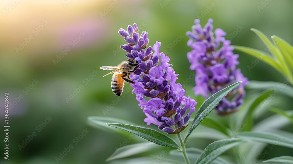Obraz premium Bee pollinating purple flora in spring nature landscape vibrant environment close-up view