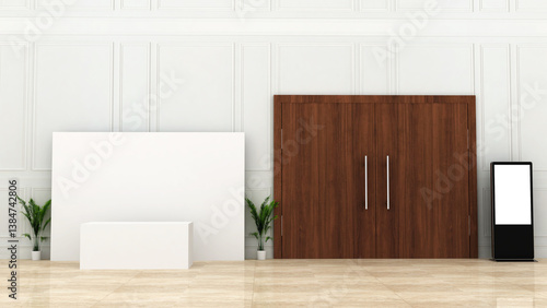 White blank registration desk and digital standee near hall door. 3D rendering of a pre-function area of a hotel. reception desk, digital screen for branding.