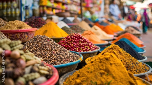 Fototapeta Naklejka Na Ścianę i Meble -  A vibrant market in Durban with colorful spices and fruits. stock photo --ar 16:9 --style raw --v 6 Job ID: aac86d51-9ef7-47d8-8ceb-50a25859b847