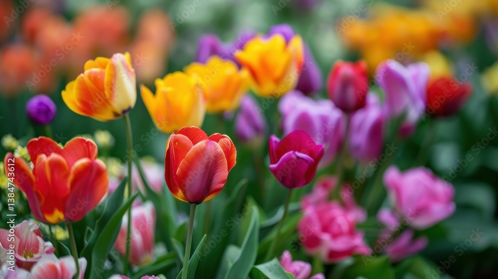 Fototapeta premium Close-up of vibrant spring flowers in full bloom. stock photo --ar 16:9 --style raw --v 6 Job ID: 33d70f39-2894-4c6a-b382-4533ae22d7b8