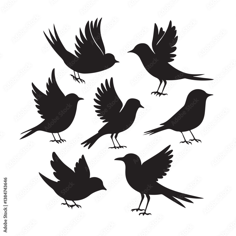 Fototapeta premium Vector illustration in simple hand drawn and linocut style - natural print, poster or logo design template - spring illustration - birds
