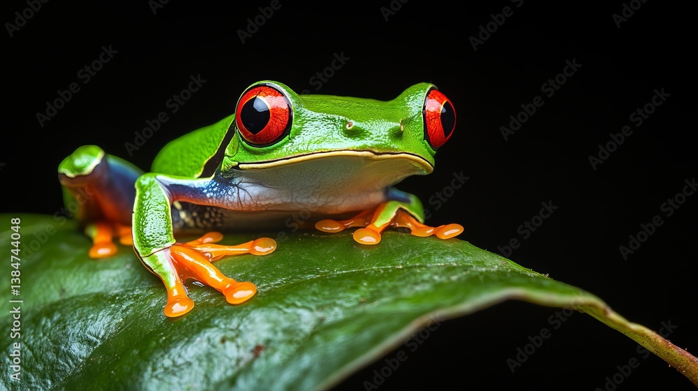 Obraz premium A red eyed tree frog perched on a green leaf with a dark background in a close up shot view