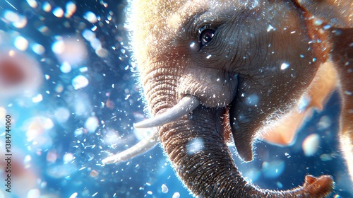 Playful elephant in a sparkling water shower