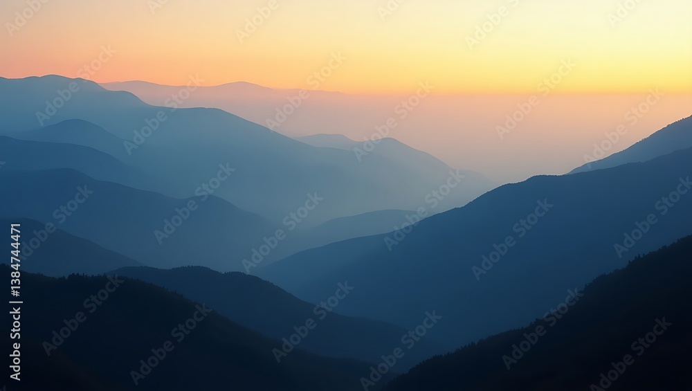 Fototapeta premium Serene sunset over majestic layered mountains calming blue hues soft light peaceful vista