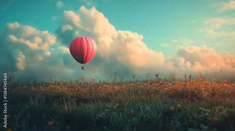 Obraz premium Pink Hot Air Balloon over Serene Field at Sunset