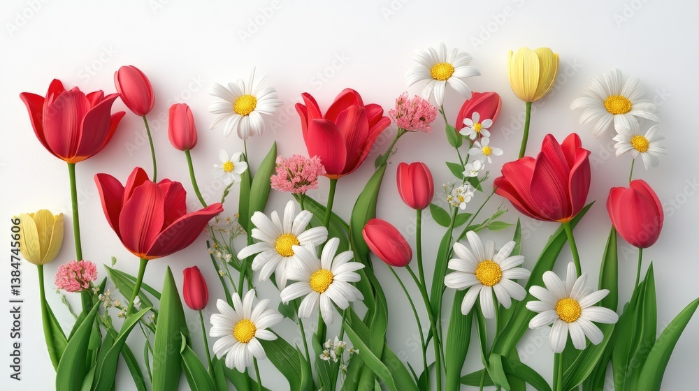 Vibrant Display of Red Tulips and White Daisies in a Beautiful Floral Arrangement on a Soft Background Vibrant Display of Red Tulips and White Daisies in a Beautiful Floral Arrangement on a Soft Background