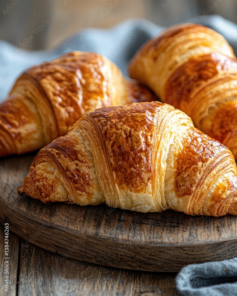 Freshly Baked Croissants on Rustic Wooden Board with Soft Cloth Freshly Baked Croissants on Rustic Wooden Board with Soft Cloth
