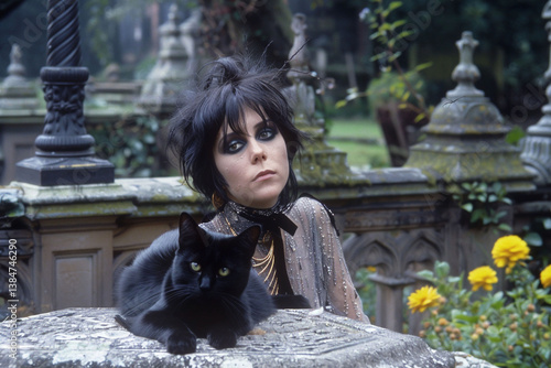 Siouxsie Sioux with her Black Cat in a Gothic Cemetery