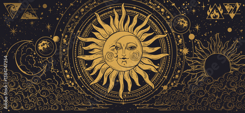 Mystical celestial banner with sun and moon on black background with alchemy symbols, astrological chart for zodiac. Vector hand drawn illustration. Universe pattern with stars and clouds.