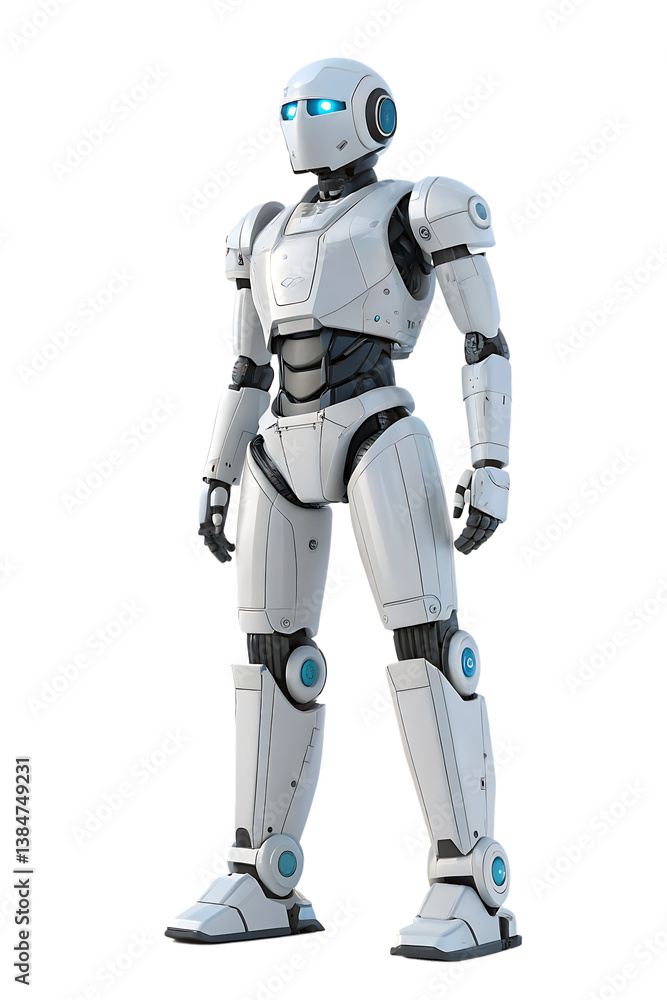 Futuristic White Humanoid Robot with Blue Lights – Isolated on White Background Futuristic White Humanoid Robot with Blue Lights – Isolated on White Background