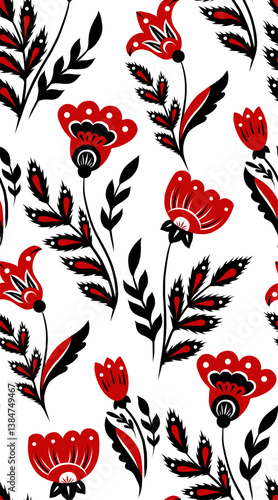 Vector Slavic seamless pattern with flowers in traditional style on white background. Folk art texture with black and red blooming wildflowers for fabrics and wallpapers