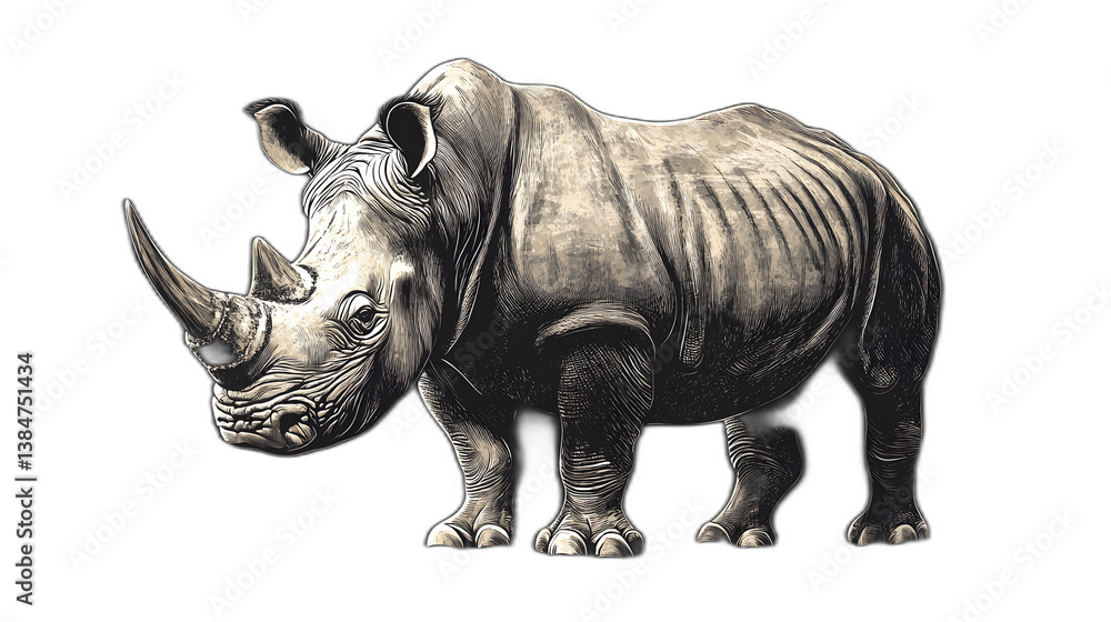 Fototapeta premium Hand-drawn illustration of a rhinoceros placed against a solid black background