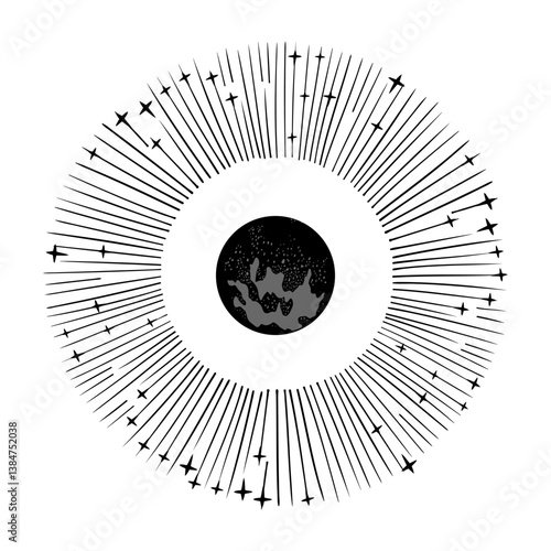 Mystical logo with shining planet in space, magical boho symbol, esoteric illustration, zodiac map. Celestial body in space. Vector isolated on white background.