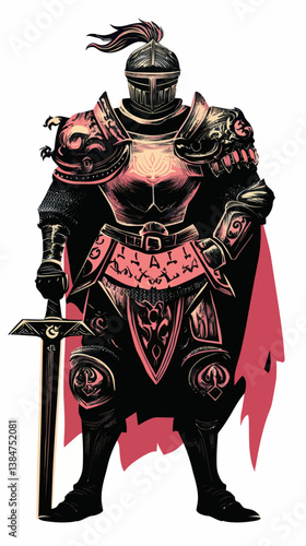 Gallant Knight in Ornate Armor: Embracing Chivalry in Flat Minimalist Vector Art