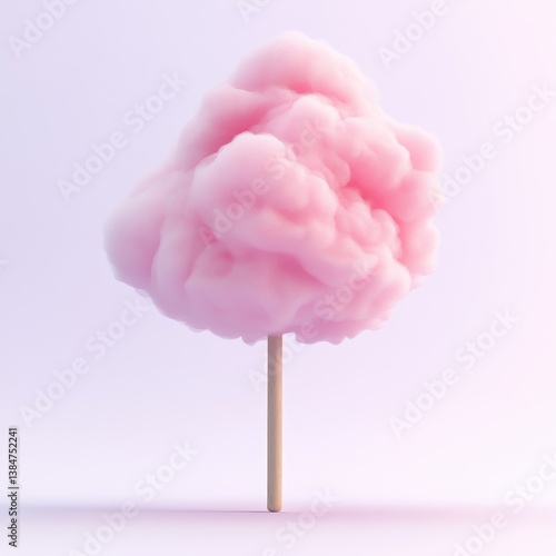 Pink cotton candy on a stick against a light purple background.