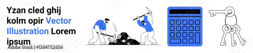 Workers using tools to excavate material, a digital calculator, and a key set. Ideal for teamwork, problem-solving, technology, security, financial planning, hard work and simple landing page