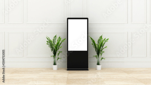 3D mockup of a digital standee or digital screen for event or exhibition or for hotel lobby. 3D rendering of directional signage for event. installation for event. event material or stuff.