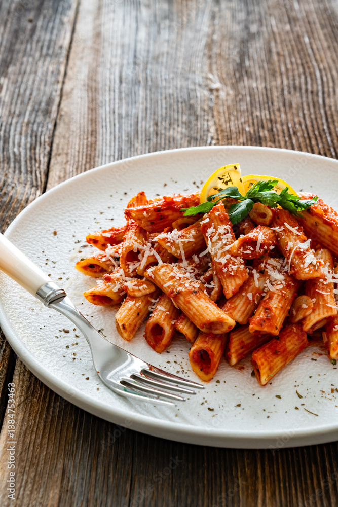 Penne noodles with tomato sauce and parmesan cheese served on wooden table Penne noodles with tomato sauce and parmesan cheese served on wooden table