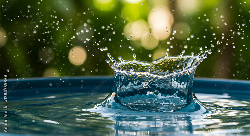 Dynamic Water Splash with Crown Formation on Green Bokeh Background Reflecting Tranquility Dynamic Water Splash with Crown Formation on Green Bokeh Background Reflecting Tranquility