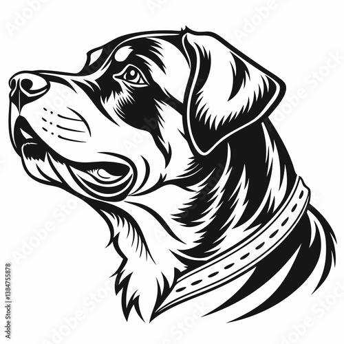 black labrador retriever, Bold Rottweiler Head Vector Art – Detailed Black and White Dog Illustration, Retriever dog in zentangle art, stencil logo, black and white animal illustration,  