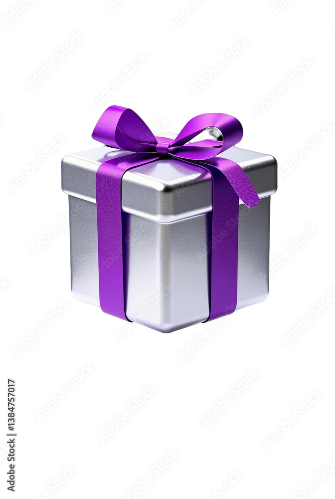 Fototapeta premium Flying silver gift box with purple bow