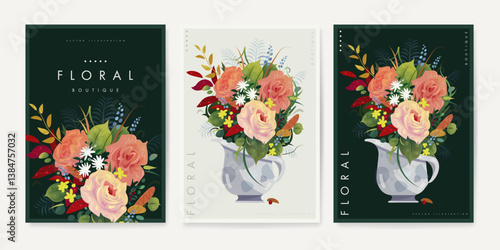 Floral boutique poster design template set. Flower shop banner collection. Botanical greeting card. Hand drawn bouquet of flowers. Natural background. Vector illustration