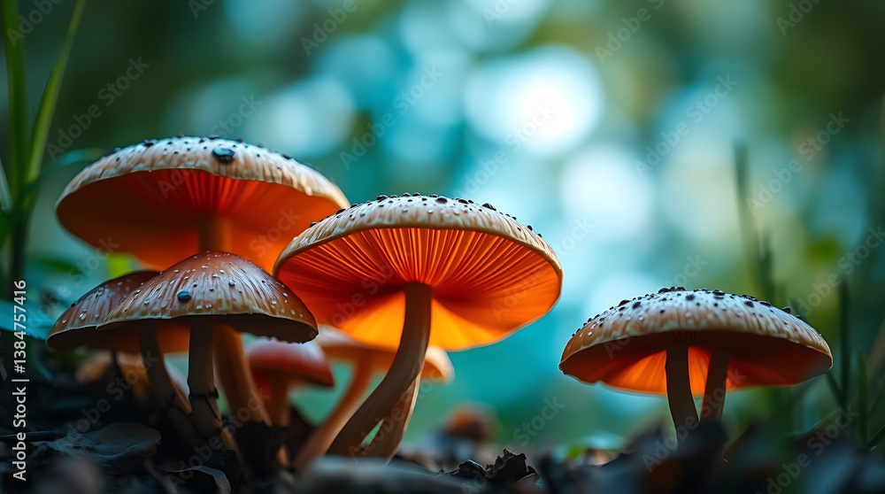 Fototapeta premium Nature of mushrooms in garden using as cover page background, created by generative ai