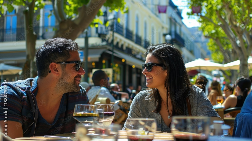 Naklejka premium A couple enjoying wine at a cafe in the city center of Cape Town. stock photo --ar 16:9 --style raw --v 6 Job ID: 73cddb20-0284-4e64-9116-71c000d6cace