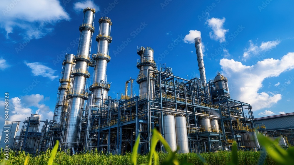 Tall industrial plant with steel pipes against a partly cloudy sky. It can represent energy production, manufacturing, and heavy industry.