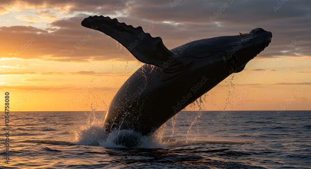 Fototapeta premium Majestic Humpback Whale Breaching at Sunset