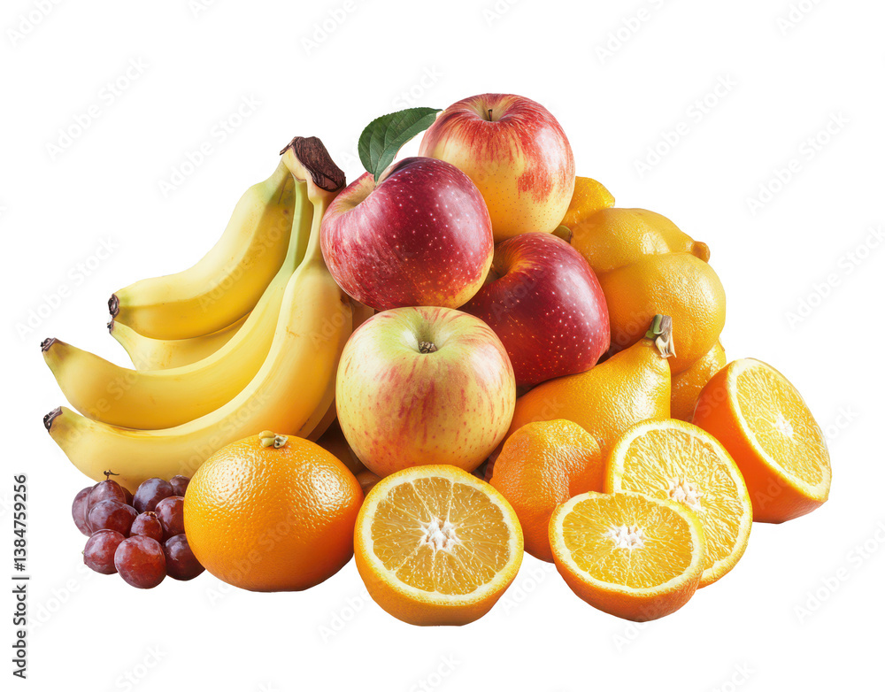 Fruit pile with apples bananas and oranges isolated on a transparent background Fruit pile with apples bananas and oranges isolated on a transparent background
