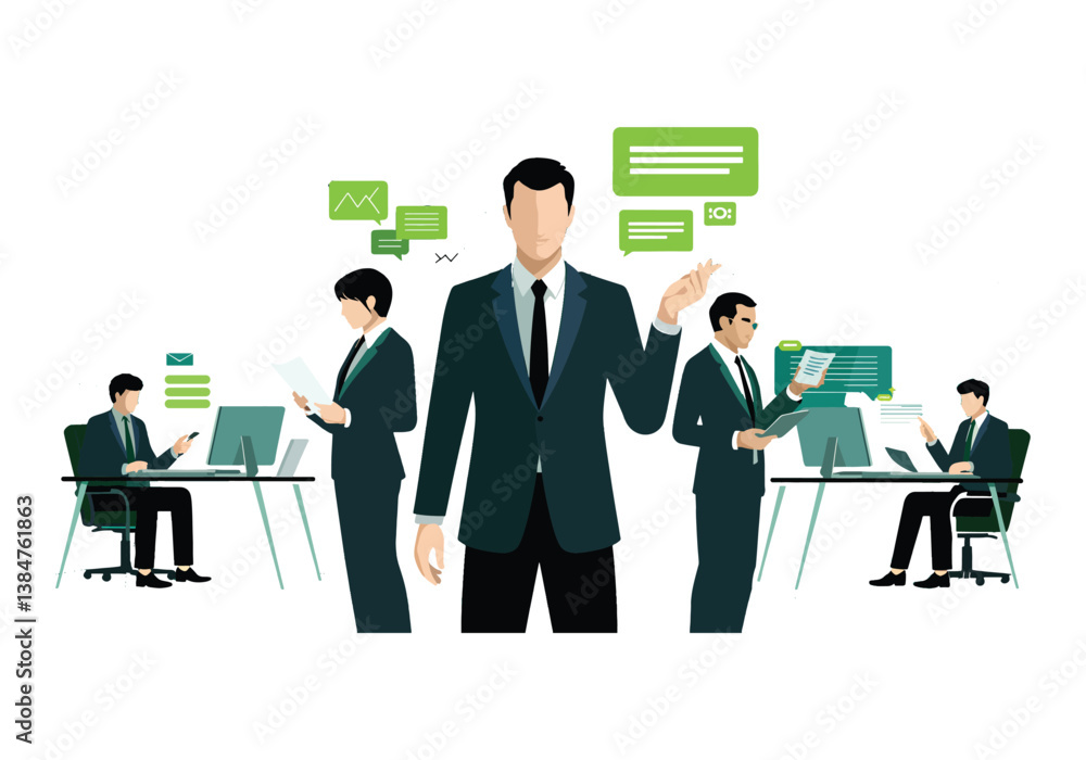 Business professionals communicating in office through digital messages vector illustration Business professionals communicating in office through digital messages vector illustration