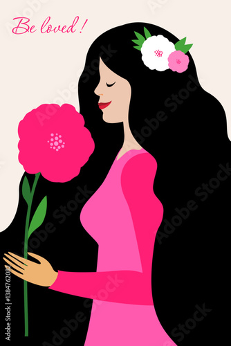 Cute girl holding a bouquet of flowers. Design for the holiday of spring, anniversary, birthday, beauty salon, hair salon, shampoo or Women's Day, 8th March. Brunette with long flowing hair. Template