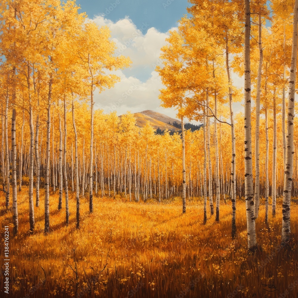 A dreamy landscape of golden aspens in the fall, their leaves shimmering in the gentle breeze A dreamy landscape of golden aspens in the fall, their leaves shimmering in the gentle breeze