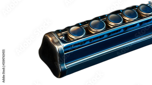 A harmonica placed against a solid black background